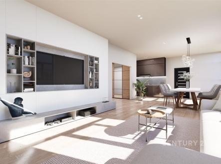 Světlý obývací pokoj s parketovou podlahou, vestavěné skříně a moderní nábytek. Velká okna propouštějí dostatek přirozeného světla. | Prodej bytu, 3+kk, 100 m²