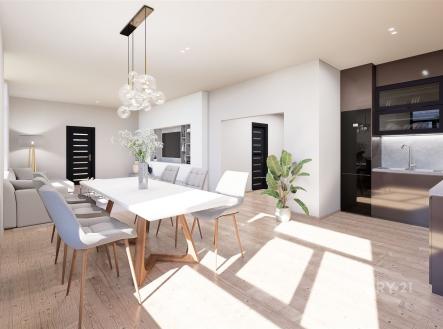 Světlá jídelna s moderním dřevěným stolem, parketovou podlahou a elegantním osvětlením, vedle které je otevřená kuchyň s tmavým nábytkem. | Prodej bytu, 3+kk, 100 m²