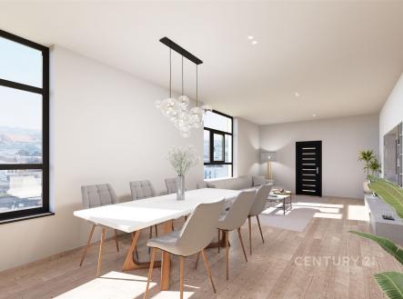 Světlý obývací pokoj s moderní parketovou podlahou, velkými okny a elegantním designem nabízí prostorný a vzdušný interiér. | Prodej bytu, 3+kk, 100 m²