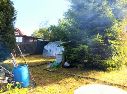 Prostorná zahrada s krytým skleníkem, vzrostlými jehličnany a dřevěným plotem, ideální pro pěstování a relaxaci v přírodě. | Prodej - pozemek, zahrada, 234 m²