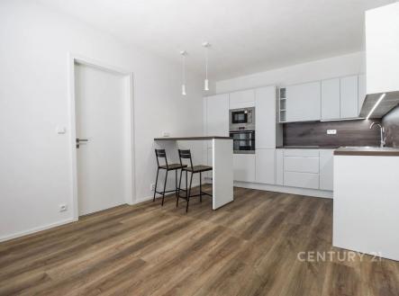 kuchyně s bílé skříně, trouba, backsplash, dřevěná podlaha, a deformace | Pronájem bytu, 2+kk, 46 m²