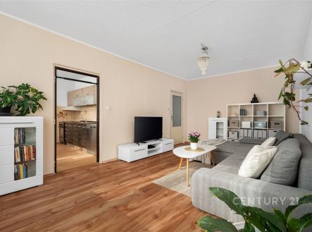 Světlý obývací pokoj, parketová podlaha, moderní nábytek, velká okna propojující prostor s kuchyní, světlé zdi dodávají vzdušnost. | Prodej bytu, 3+1, 80 m²