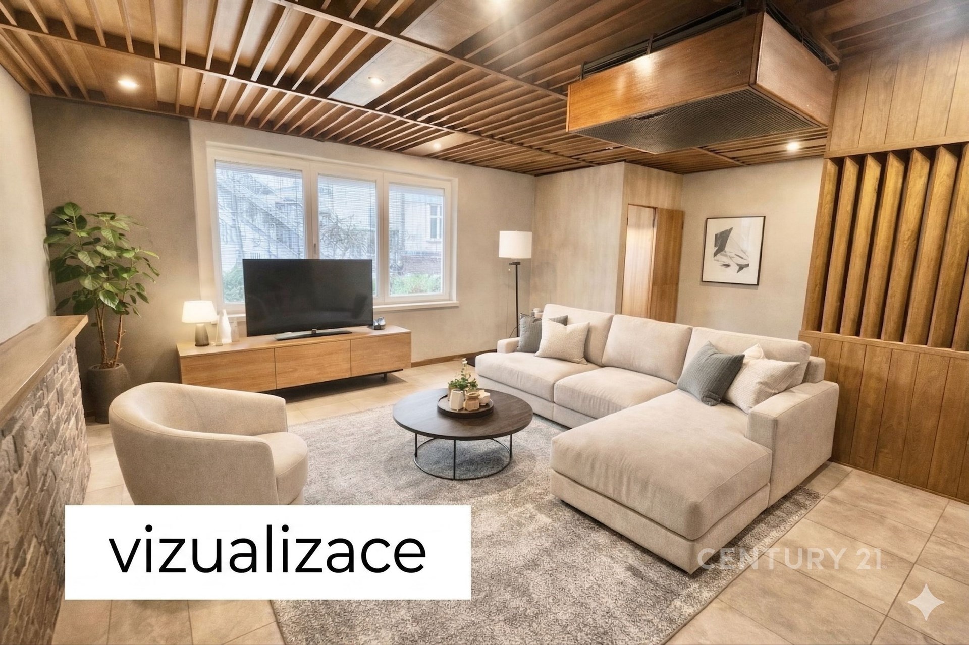 Světlý obývací pokoj s moderním designem, obsahující parketovou podlahu a velká okna, které dodávají prostoru vzdušnost a eleganci.