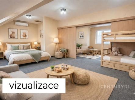 Prostorná ložnice s parketovou podlahou, vestavěnými skříněmi a moderním nábytkem. Světlý interiér s velkými okny a elegantním designem. | Prodej - dům/vila, 170 m²