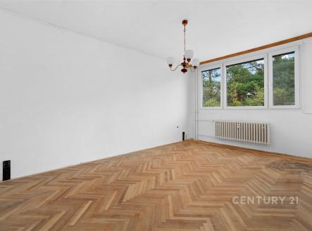 Světlý obývací pokoj s parketovou podlahou, velká okna, výhled do zeleně, vhodné pro moderní rekonstrukci. | Prodej bytu, 3+1, 66 m²