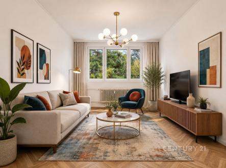 Světlý obývací pokoj s parketovou podlahou, velkými okny a moderním nábytkem. | Prodej bytu, 3+1, 66 m²