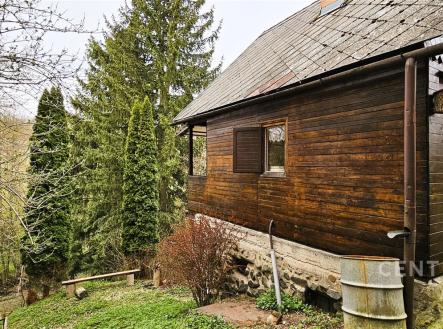 Dřevěná chata na okraji lesa s dřevěným obkladem a kamenným základem, obklopená zelení a vzrostlými stromy, ideální pro rekreaci v přírodě | Prodej - chata/rekreační objekt, 50 m²