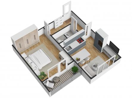 3D půdorys bytu s parketovou podlahou, světlou ložnicí s vestavěnými skříněmi, moderní kuchyní a obývacím pokojem propojeným s balkónem. | Prodej bytu, 1+1, 43 m²