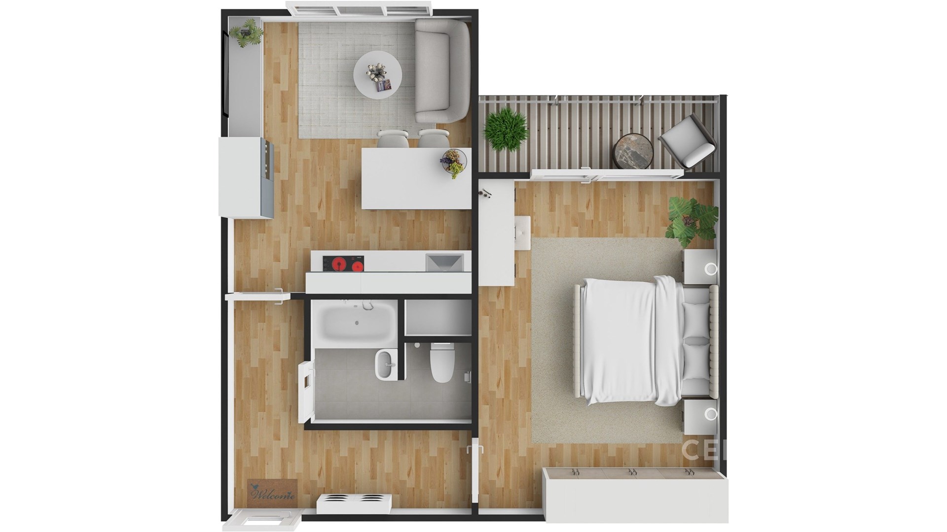 Prostorná ložnice s dřevěnou podlahou a vestavěnými skříněmi, moderní kuchyň s jídelním koutem a světlý obývací prostor propojený s balkonem