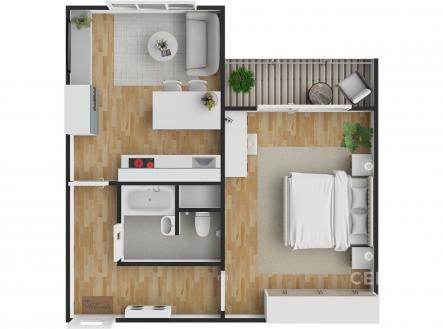 Prostorná ložnice s dřevěnou podlahou a vestavěnými skříněmi, moderní kuchyň s jídelním koutem a světlý obývací prostor propojený s balkonem | Prodej bytu, 1+1, 43 m²