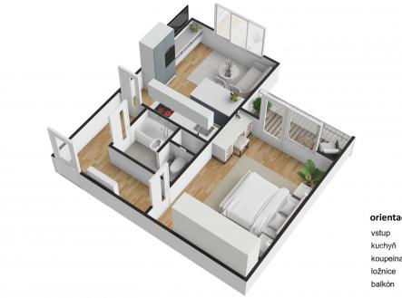 Moderní kuchyň s parketovou podlahou a vestavěnými spotřebiči, vedle světlého obývacího pokoje s velkými okny a přístupem na balkon | Prodej bytu, 1+1, 43 m²