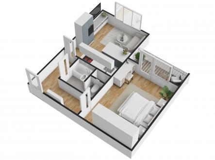 3D model bytu s parketovou podlahou, moderní kuchyní a světlou ložnicí. Prostorný obývací pokoj s velkými okny a minimalistickým designem. | Prodej bytu, 1+1, 43 m²