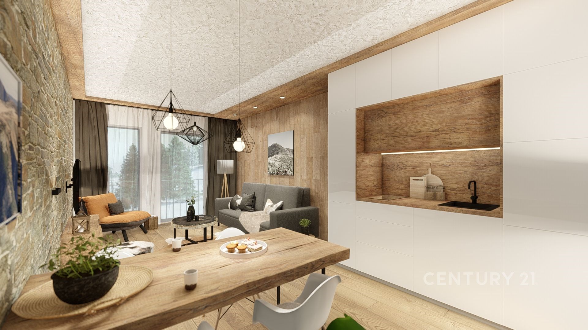 Prostorný obývací pokoj s moderní kuchyní, parketová podlaha, velká okna a přírodní dřevěné prvky v rekonstruovaném stylu.