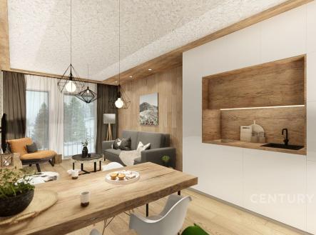 Prostorný obývací pokoj s moderní kuchyní, parketová podlaha, velká okna a přírodní dřevěné prvky v rekonstruovaném stylu. | Prodej bytu, 3+kk, 68 m²