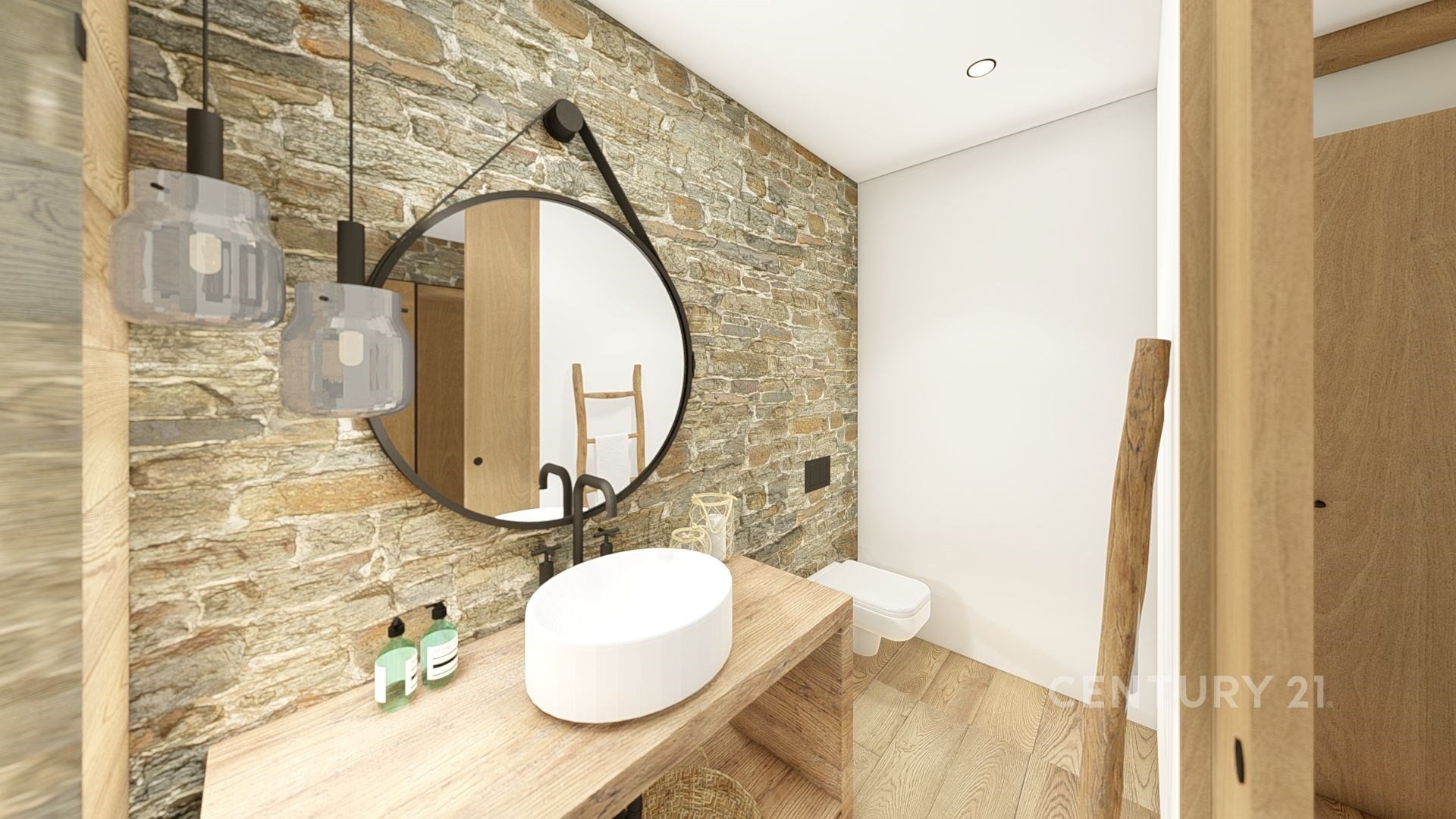 Koupelna s kameninovou stěnou, moderní umyvadlem na dřevěné desce a stylovými svítidly, parketová podlaha vytváří útulný styl.