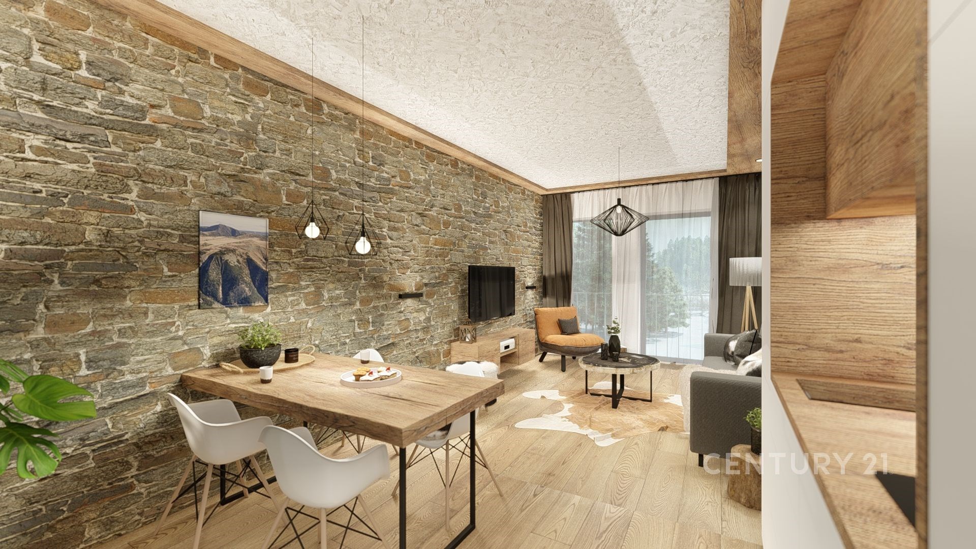 Stylová obývací kuchyň s parketovou podlahou a kamennou stěnou, velká okna poskytují dostatek světla, moderní zařízení a dřevěný nábytek.