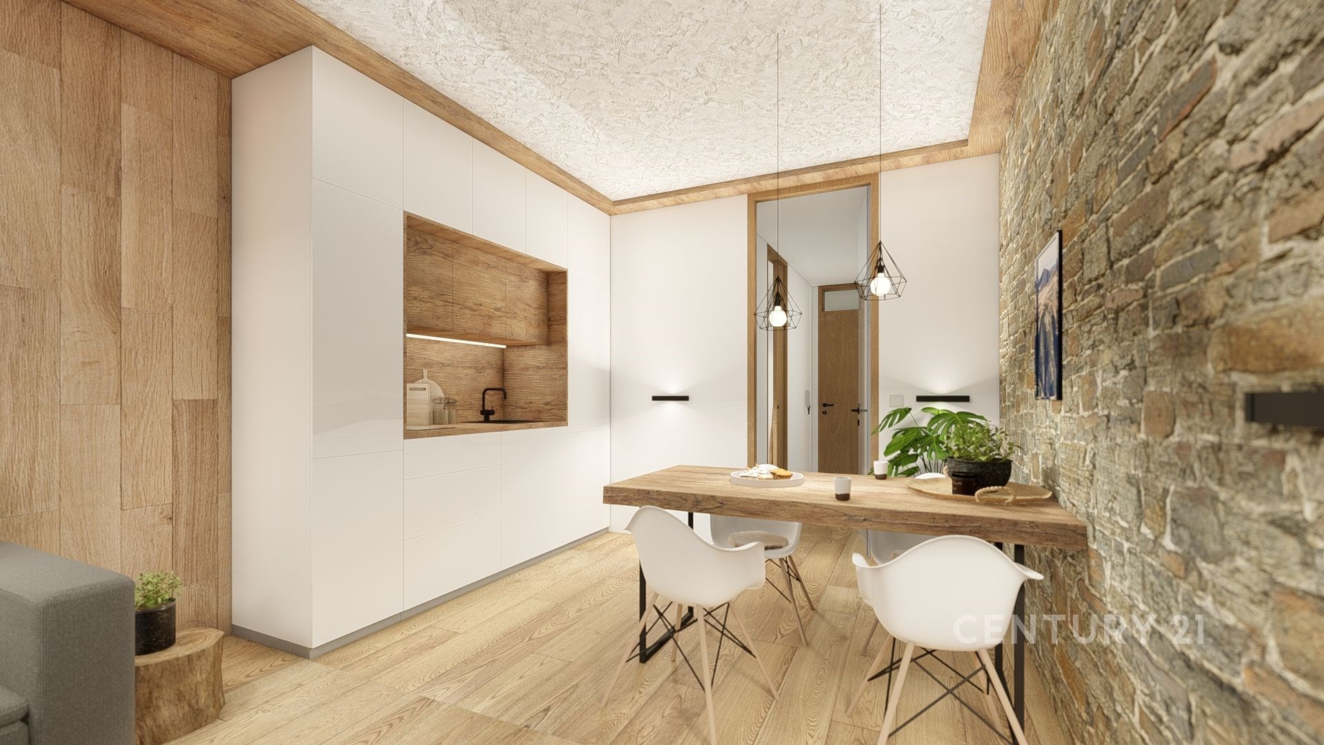 Moderní jídelna s dřevěnou podlahou a kamennou zdí, vybavená vestavěnými skříněmi a stylovým osvětlením, nabízí elegantní atmosféru.