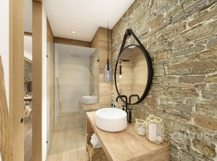 Koupelna s kamennou stěnou, moderním zařízením a dřevěným nábytkem, nabízí stylový petrifikovaný vzhled a elegantní design. | Prodej bytu, 3+kk, 68 m²
