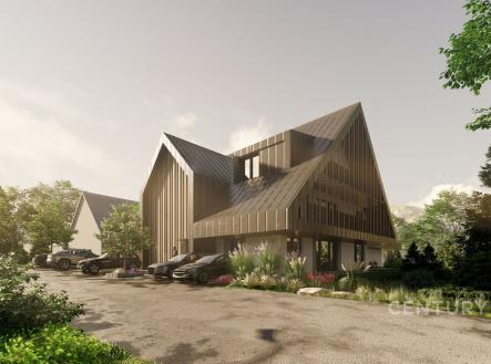 Moderní rodinný dům s dřevěnou fasádou a velkými okny, obklopený udržovanou zahradou. | Prodej bytu, 3+kk, 68 m²