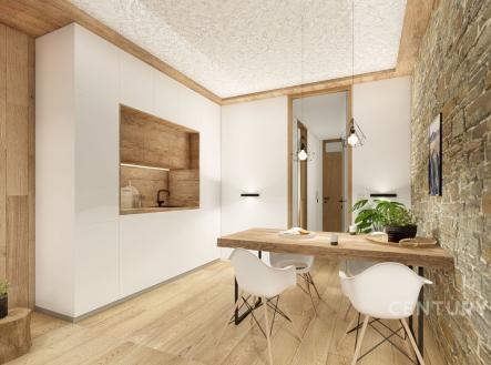 Moderní kuchyň s dřevěnou podlahou a obložením, kamenná zeď, vestavěné spotřebiče a minimalistický jídelní kout se stylovým nábytkem. | Prodej bytu, 1+kk, 38 m²