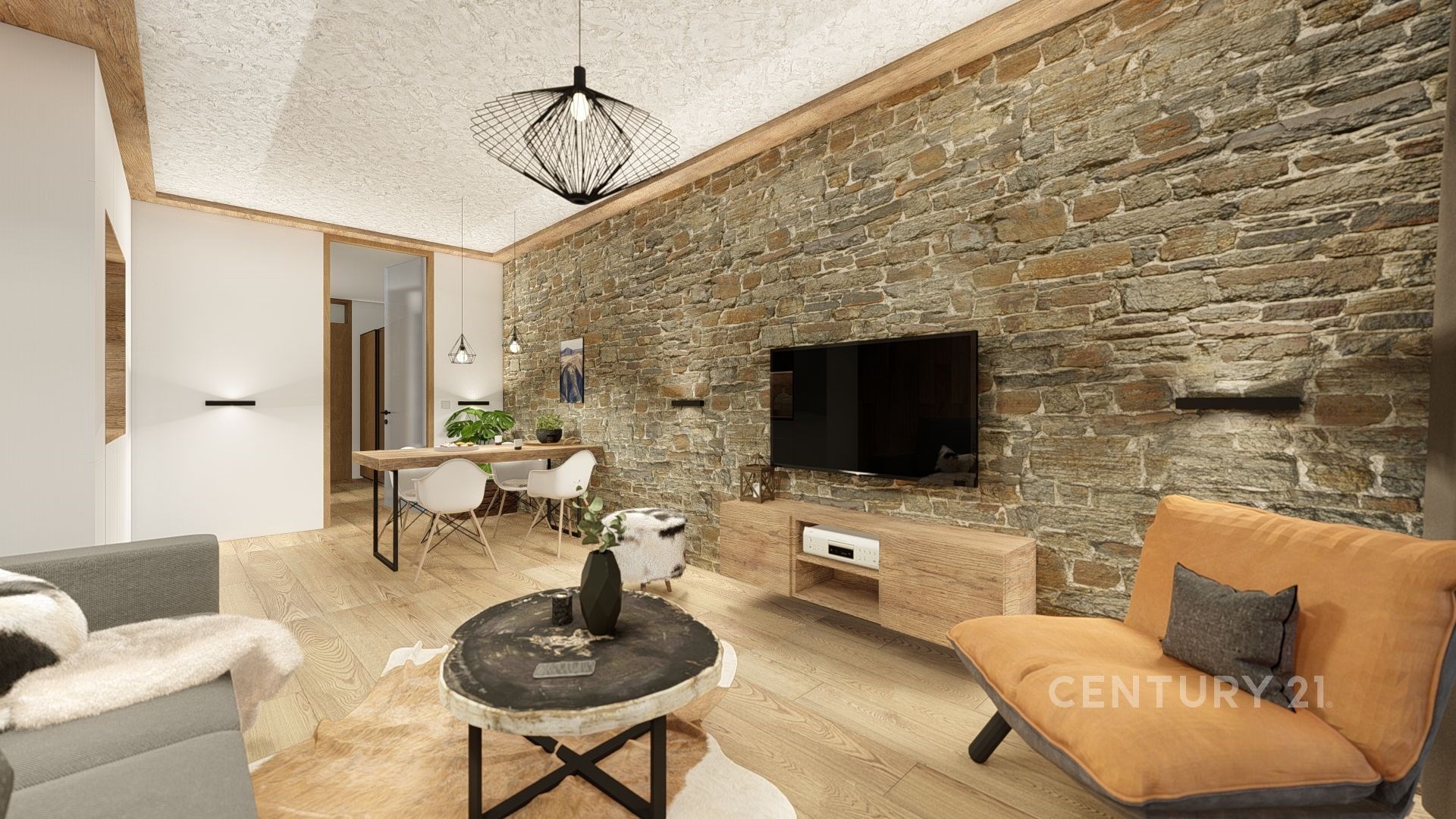 Světlý obývací pokoj s parketovou podlahou, kamennou zdí a moderním osvětlením, nabízí útulnou atmosféru a stylové zařízení.
