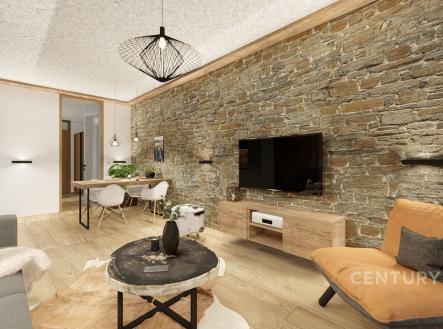 Světlý obývací pokoj s parketovou podlahou, kamennou zdí a moderním osvětlením, nabízí útulnou atmosféru a stylové zařízení. | Prodej bytu, 1+kk, 27 m²