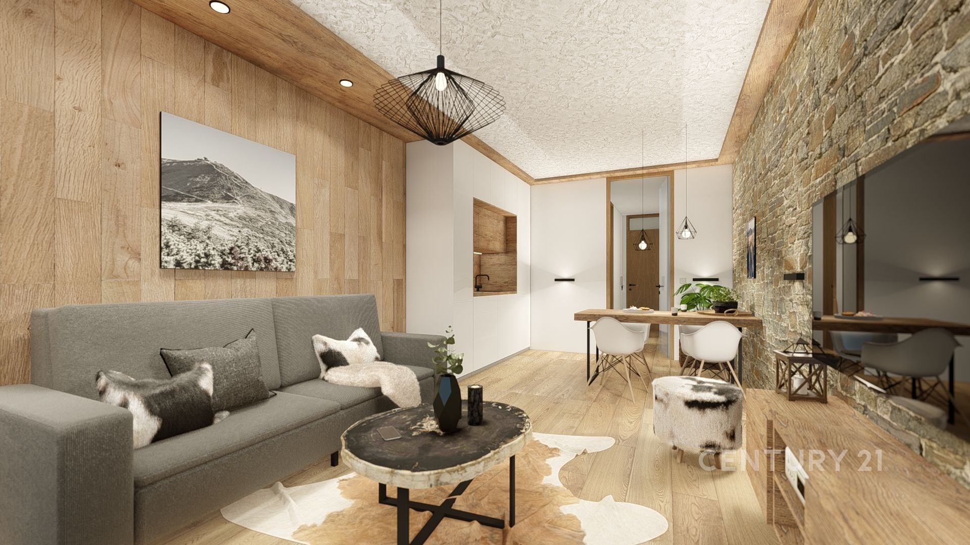 Stylový obývací pokoj s dřevěnými obklady, kamennou stěnou a moderním nábytkem. Světlá parketová podlaha a velká okna dodávají prostoru světlo.