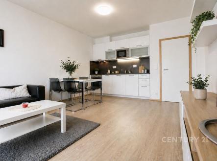 Světlý obývací pokoj s dřevěnou podlahou, moderní kuchyňskou linkou a velkými okny, včetně vestavěného úložného prostoru a elegantního nábytku. | Prodej bytu, 2+kk, 54 m²