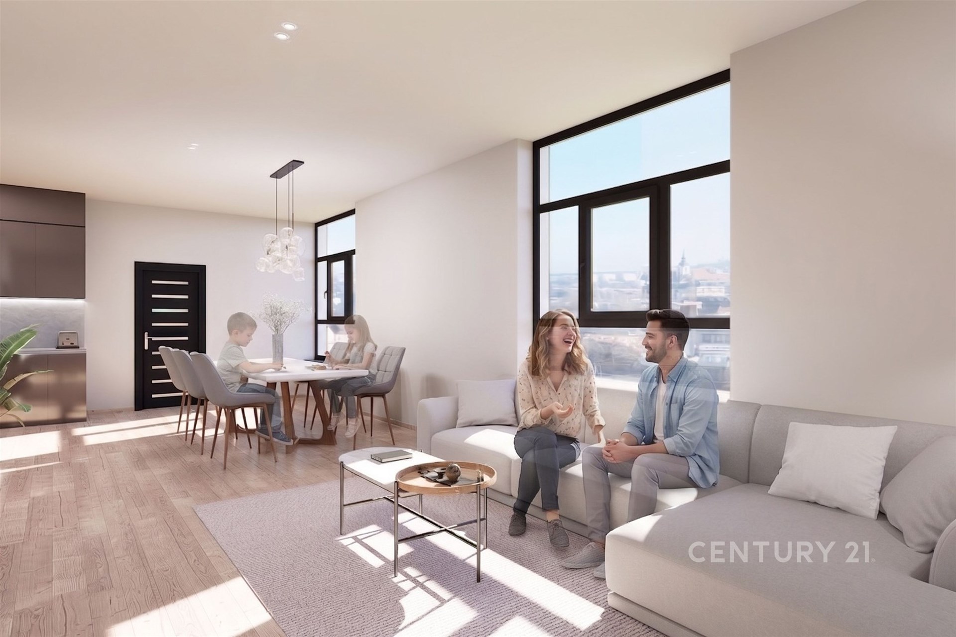Světlý obývací pokoj s parketovou podlahou, velkými okny a moderním stylem, propojený s jídelním koutem, nabízí prostor pro společné chvíle.
