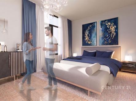 Světlá ložnice s parketovou podlahou nabízí moderní interiér, velká okna a stylový nábytek, což vytváří příjemnou atmosféru. | Prodej bytu, 4+kk, 99 m²