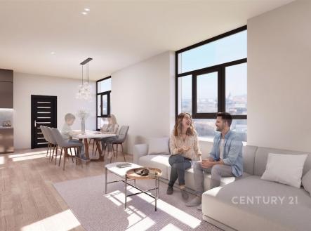 Světlý obývací pokoj s parketovou podlahou, velkými okny a moderním stylem, propojený s jídelním koutem, nabízí prostor pro společné chvíle. | Prodej bytu, 4+kk, 99 m²