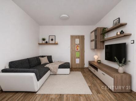 Světlý obývací pokoj s parketovou podlahou, moderní sedací soupravou a dřevěným nábytkem, minimalistický styl s dekorativními prvky. | Prodej bytu, 2+1, 64 m²