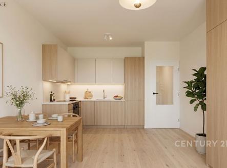 Kuchyňský kout s moderní dřevěnou linkou, parketová podlaha, světlý prostor s vestavěnými skříněmi a minimalistickým designem. | Prodej bytu, 1+1, 43 m²