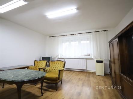 Světlý obývací pokoj s parketovou podlahou, velkými okny a klasickým nábytkem, působí prostorně a útulně. | Pronájem bytu, 4+1, 120 m²