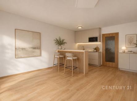 Moderní kuchyň s dřevěnou podlahou, stylovou barovou deskou a vestavěnými skříněmi, vytváří světlý a otevřený prostor. | Prodej bytu, 1+kk, 38 m²