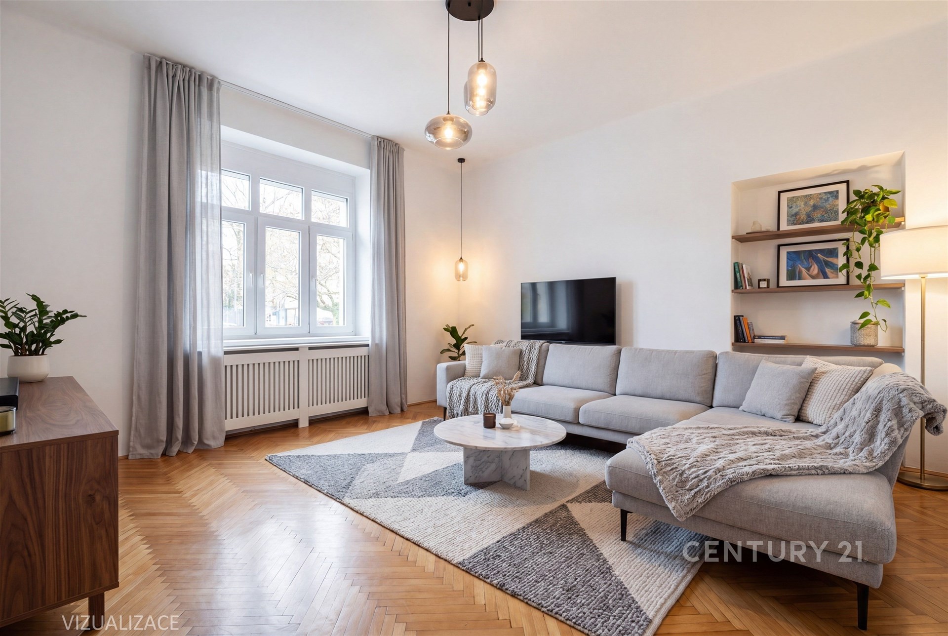 Světlý obývací pokoj s parketovou podlahou, velká okna, moderní nábytek a minimalistický dekor, ideální pro komfortní bydlení.