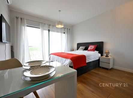Světlý pokoj s parketovou podlahou, velká okna poskytují dostatek světla, moderní nábytek dodává elegantní vzhled. | Prodej bytu, 1+kk, 32 m²