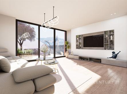 Světlý obývací pokoj s parketovou podlahou, velkými okny a moderním nábytkem, který nabízí elegantní a komfortní prostředí. | Prodej bytu, 2+kk, 103 m²