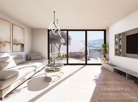 Světlý obývací pokoj s moderním designem, parketová podlaha, velká okna na terasu, elegantní nábytek a vestavěné úložné prostory. | Prodej bytu, 2+kk, 103 m²