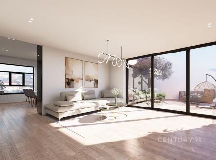 Světlý obývací pokoj s parketovou podlahou a velkými okny, moderní design, propojený s terasou s výhledem na město. | Prodej bytu, 3+kk, 103 m²