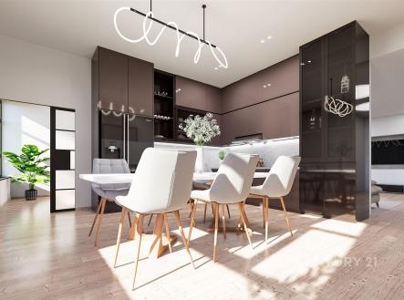 Moderní kuchyň s parketovou podlahou, vestavěné skříně, světlý interiér. | Prodej bytu, 3+kk, 103 m²