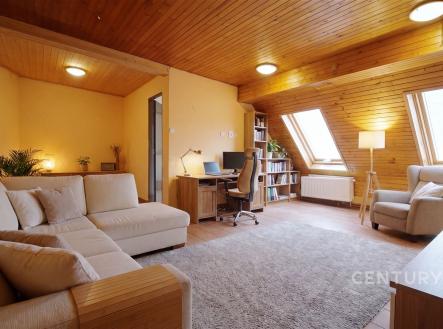 Podkrovní obývací pokoj s dřevěným stropem, světlým kobercem a velkými střešními okny, moderní nábytek a pracovní prostor | Prodej - obchodní prostor, 75 m²