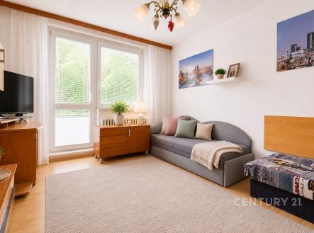 Světlý obývací pokoj s parketovou podlahou, velkými okny a moderním nábytkem. | Prodej bytu, 1+1, 40 m²