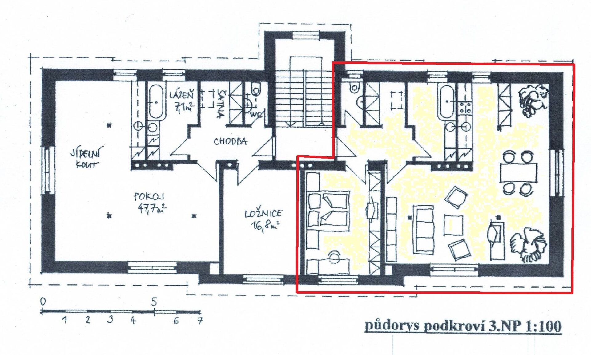 Pronájem bytu 2+kk, podkrovní byt, Kladno, Tylova ul., 82m2, 3.patro