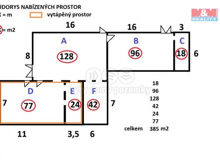 SITUACE NABÍZENÝCH PROSTOR rozměry a m2 (1).png | Pronájem - obchodní prostor, 385 m²