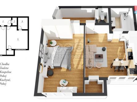 půdorys | Pronájem bytu, 2+kk, 46 m²