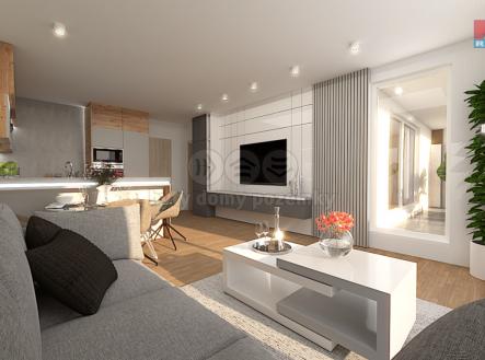 Vizualizace obývací pokoj s kuchyní | Prodej bytu, 2+kk, 55 m²
