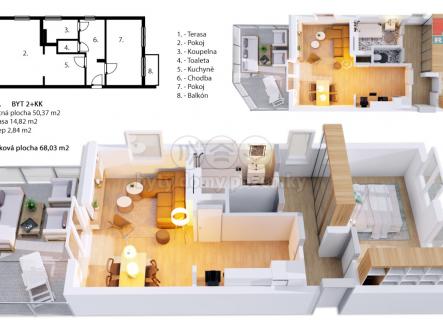 3D půdorys 2+kk (4.2.) | Prodej bytu, 2+kk, 50 m²