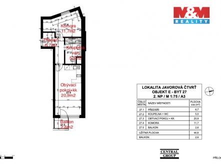 Plánek bytu s výměrami_CG byt.jpg | Prodej bytu, 2+kk, 45 m²