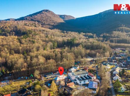 Letecký pohled - dům + okolí | Prodej - pozemek, zahrada, 398 m²